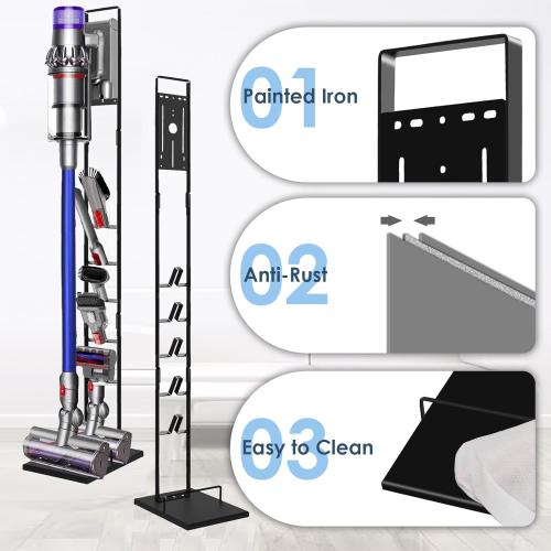 Vacuum Stand for Dyson V6, V7, V8, V10, V11, V12, V15 Cordless Cleaners - Heavy Base Metal Bracket Holder with Trigger Lock, On/Off Control Clamp, Accessory & Attachment Storage