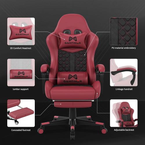 Gamtimer Gaming Chair,Computer Chair with Footrest and Lumbar Support,Breathable PU Leather,4D Lumbar Support and Headrest,360 Degree Swivel Chair with Adjustable Ergonomic Backrest for Adults