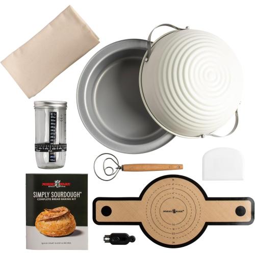 Nordic Ware Simply Sourdough™ Complete Bread Baking Kit BAKING PAN INCLUDED, Dual use Banneton lid, 22pg Guide book w/Recipes, Danish Whisk, Starter Jar, Cutter, Lifting Mat, Scraper, Cotton Liner