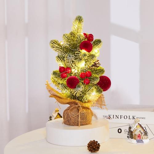 Burlap Small Christmas Tree Decor with Lights - Mini Tabletop Artificial Tree Centerpiece for Indoor Home Office Desk Holiday Decorations(Red Ornament)
