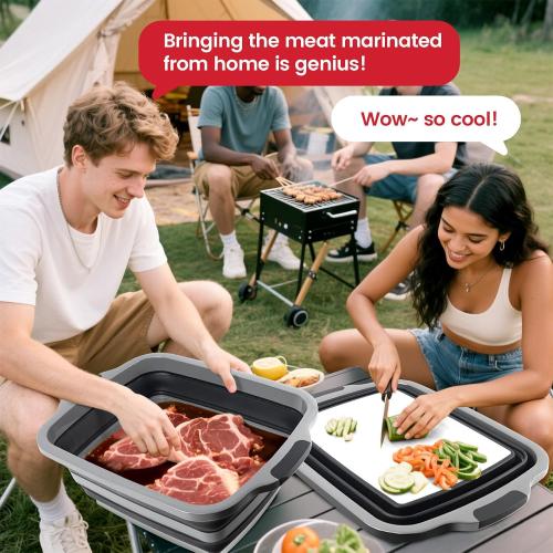 BBQ Prep Tub,30L Collapsible Cutting Board with Lid for Grilling, Black | Portable Wash Basin, Odor-Control Storage, Table-Saving Prep Area, For Grill Stations, Parks, RV Trips, Picnic Crew Meals