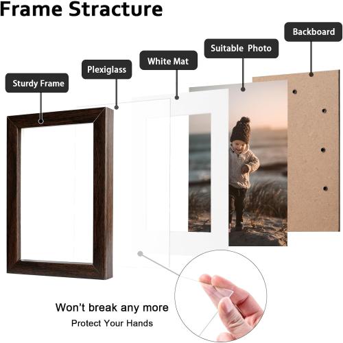 KINLINK 5x7 Picture Frame Brown Set of 4, Wooden Photo Frames Matted 4x6 with Plexiglass for 4x6 with Mat or 5x7 without Mat for Table and Wall Display