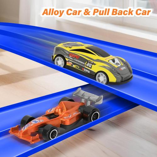 KETIEE Flex Tracks 16Ft for Kids: Flexible Race Car Ramp Track with 4 Small Racecars and 8 Suction Cups Compatible with Diecast 1/64th Cars, Rolls Up Portable Racetrack for Ages 3 & Up