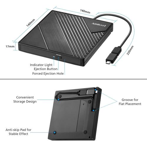 External DVD Drive USB 3.0 USB C CD Burner CD/DVD  /-RW Optical Drive, Slim Portable DVD CD ROM Rewriter Writer Duplicator for Laptop Desktop PC Windows 11/10/8/7 MacBook Mac Linux OS Apple