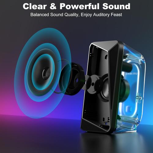 SOULION C30 Computer Speakers, USB Powered & 3.5 mm AUX Bluetooth Speakers for Desktop Monitor, LED Flame Lights & Easy-Control Pod, Gaming Speakers for Laptop Tablet Phone - Black