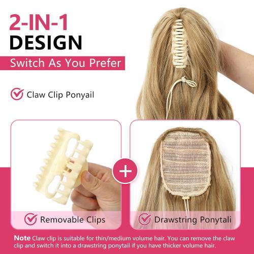 24''Long Wavy Ponytail Extension, Burgundy Ombre Claw Clip Hair Piece