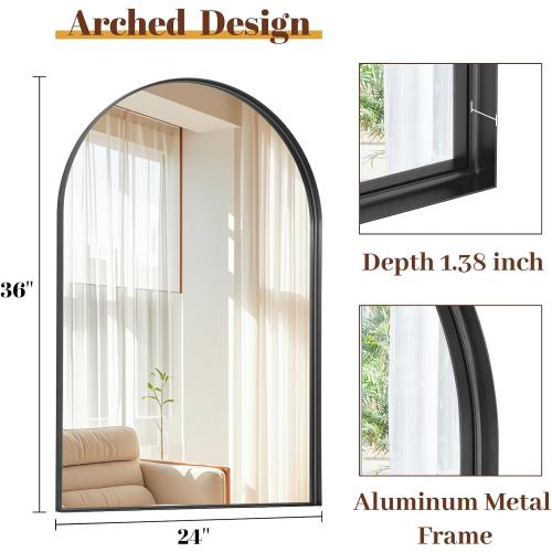24 x 36 Luxury Arched Bathroom Mirror - Arch Wall Mirror with Shatterproof Tempered Glass and Metal Deep Frame, Hanging or Leaning for Living Room, Dresser, Entrance and Hallway, Black