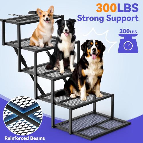 Color Black Pawaboo Extra Wide Dog Stairs for Car, Foldable Dog Ramps for Car with Non Slip Surface & Reflective Tape, Heavy Duty Dogs Steps for Cars, SUV, Truck, 300lbs Capacity, 14-35 Adjustable Height