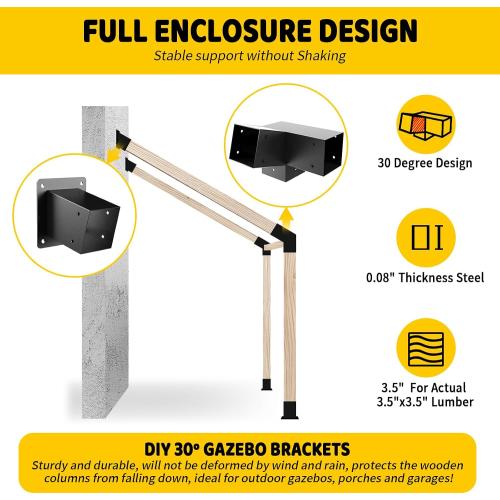 Pergola Slanted Roof Bracket kit 4 Pack,3-Way 30-Degree Right Angle Corner Bracket with Wall Mount Post Base for 4x4 (Actual:3.5“x3.5) Lumber for Pergolas/Gazebos,Porchs - 4Pack