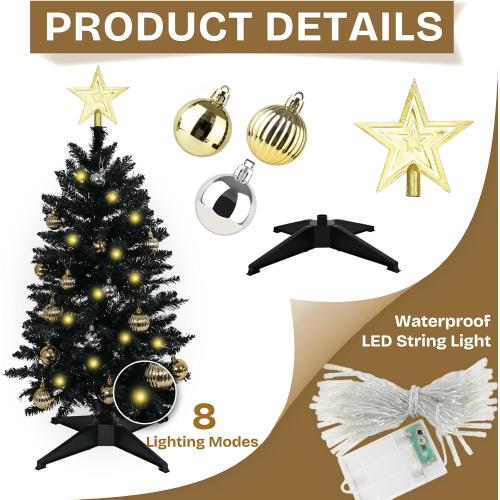 Sunshine Black Christmas Tree with Light 3ft Artifical Full Christmas Tree with Ball & Star Ornaments 8 Lighting Modes for Holiday Decor