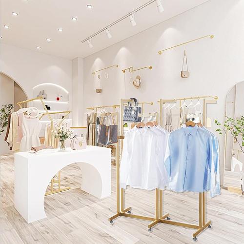 Floor Standing Metal Garment Rack - Heavy Retail Display Racks With Wheels, 6 Arms Clothing Rack, Square Tubing Portable Shirt Racks, Merchandise Display For Hanging Clothes (Gold)