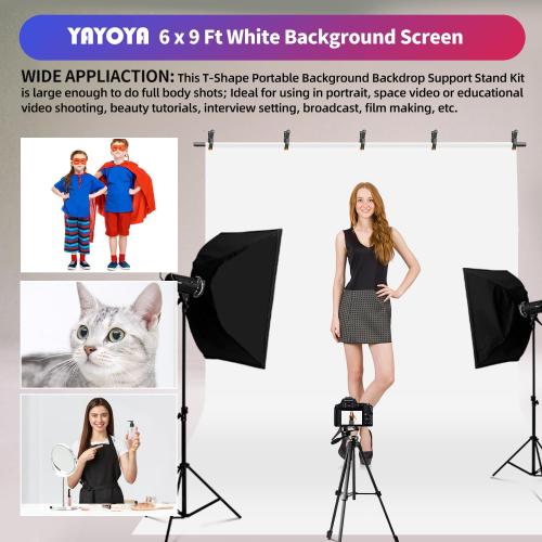 White Backdrop with Stand, 6x9 ft White Photo Backdrop Curtain with 6.3x6.5 ft Background Stand, Portable Back Drop Support Kit with Carrying Bag, 5 Strong Spring Clamps