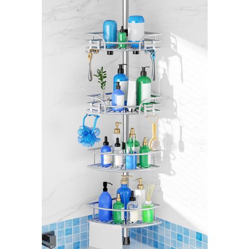 HAMITOR Corner Shower Caddy Tension Pole, Space-saving Bathtub Shelves | Adjustable No-Drill 47-123 In Rod, Large Capacity Bathroom Rack, Toiletries Storage, Home Restroom Organizer, Silver Gray