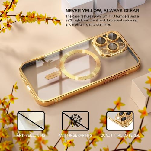 Size iPhone 15 Pro Max Color Gold Misea Magnetic for iPhone 15 Pro Max Case with MagSafe [Never Yellowing] [Military Grade Drop Protection] Full Camera Lens Protector Plating Soft Clear Phone Case for Women Girls, Gold