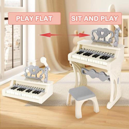 deAO Toddler Piano for Kids 3-6 Years - 25 Key Baby Piano Musical Toy with Stool & Microphone-Educational Toys Birthday Christmas Girls Gifts (White)