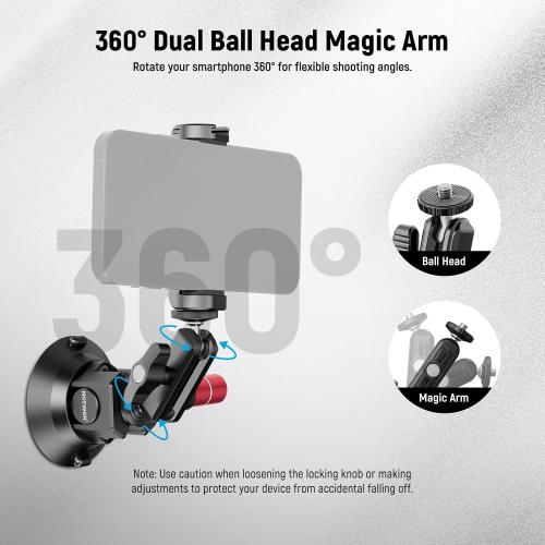 Neewer 3 Suction Cup Camera Mount Bracket with Ball Head Magic Arm, 1/4 ARRI Holes, Quick Release Car Mount with Phone Holder & Action Cam Adapter Compatible with iPhone DJI Insta360, CA104