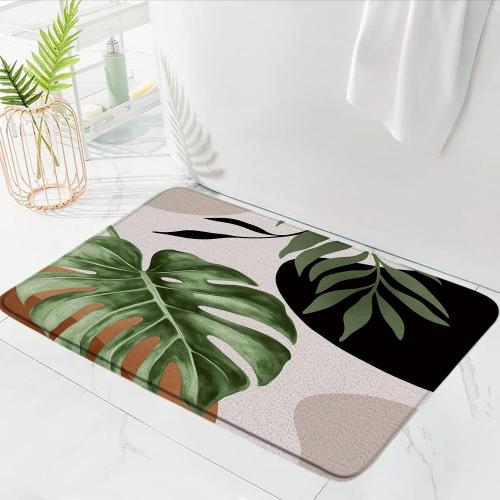 Abstract Tropical Bath Rug Boho Leaves Mid Century Modern Green Palm Leaf Botanical Nature Brown Black 18x30 InchBath Mat for Bathroom Kitchen Toilet