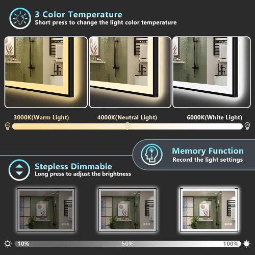 40x32 Black Framed LED Bathroom Mirror with Lights, Backlit and Front Lit Anti-Fog Lighted Vanity Mirrors for Bathroom Wall, Dimmable, 3 Colors, Memory, HD Tempered Glass, Horizontal/Vertical