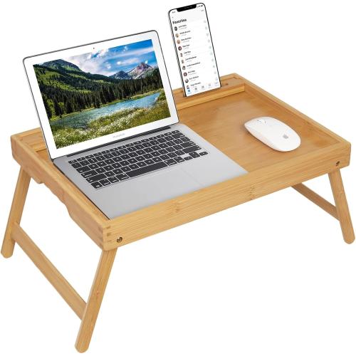 Artmeer Bed Tray Table with Folding Legs, Bamboo Breakfast Food Tray with Media Slot, Use As Platter, Laptop Desk, Snack, TV Tray Kitchen Serving Tray (Bamboo Extra-Large Size)