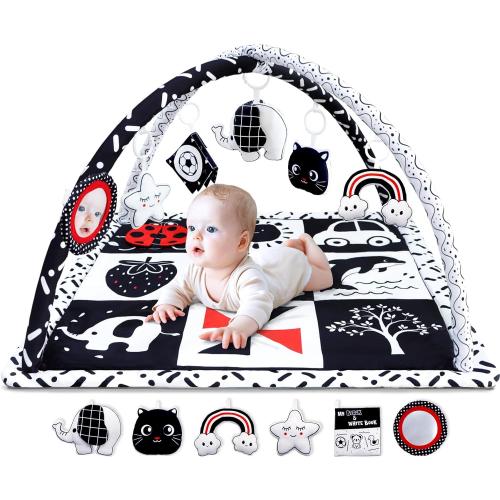 Black and White Baby Gym Play Mat with 6 Toys Tummy Time Activity Mat for Babies 0-6 6-12 Months High Contrast Baby Gyms & Playmats Sensory Toys Newborn Brain Development Infant Play Mat