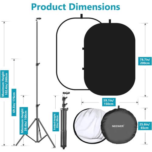 Neewer 5x7ft/1.5x2m Chromakey Foldable Backdrop with Stand 8.5ft/2.6m, 2-in-1 Reversible Black White Green Background Panel for Photography Studio, Live Streaming, Video Calls, Games