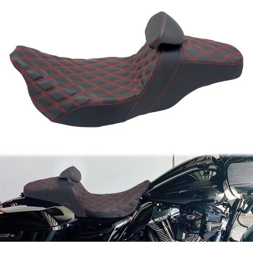 One-Piece Driver Passenger Seat Motorcycle 2-up Seat With Driver Backrest Cushion Pad Fit for Harley Touring Electra Glide Road King Road Glide Street Glide 2009-2023 (Red Stitching)