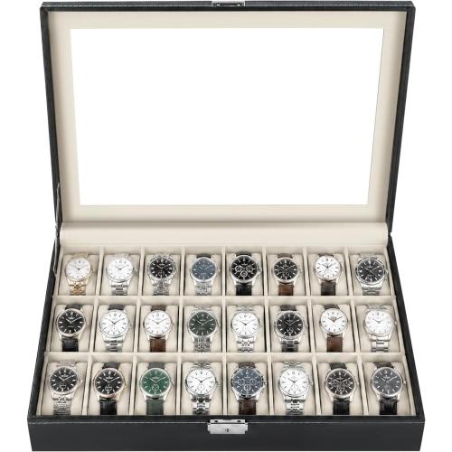 NATGAI Watch Box 24 Slots, Elegant Watch Display Case Glass Top (Beige) | PU Leather Watch Storage Box with Removable Cushion, Lockable Watch Holder Organizer for Men & Women