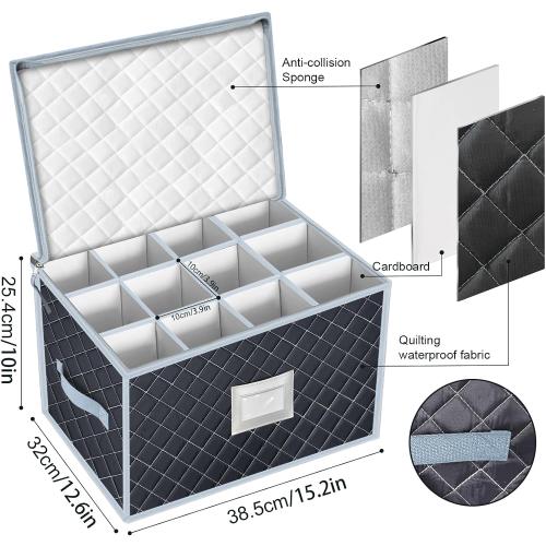 Wine Glass Storage Box with Dividers Holds 24 Stemware Storage Cases or China Crystal Glassware Containers with Handles and Lable Window (15.5 x 12.5x10)-Set of 2 Grey