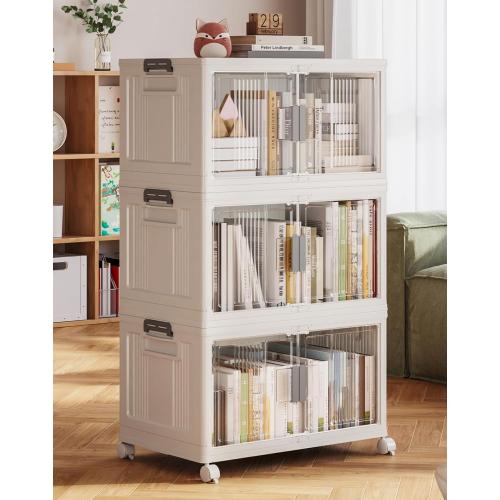 OlarHike 76QT Stackable Storage Bins with Lids - Folding Storage Box with Doors and Wheels, Collapsible Plastic Storage Bins for Closets, Home Organizers, 4 Pack Cubes (Warm Gray)