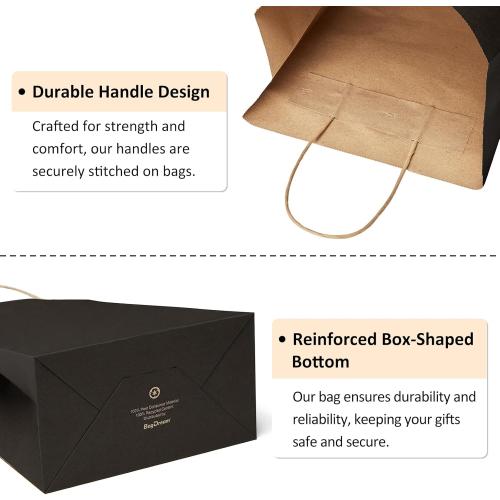 Recyclable Kraft Paper Gift Bag,  Inches, Black, with Handles, Bulk, FSC Compliant, Multipurpose | Kraft Paper, Recycled, Sturdy Handles, For Gift Giving, Crafts, Party Favors, Halloween, Christmas, Business Packaging