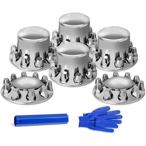 33mm Axle Cover Chrome Dome Combo Kit Thread-On Lug Nut Covers with 2 Front and 4 Rear Axle Wheel Covers Removable Hub Caps for Semi Truck (Installation Tool Included)