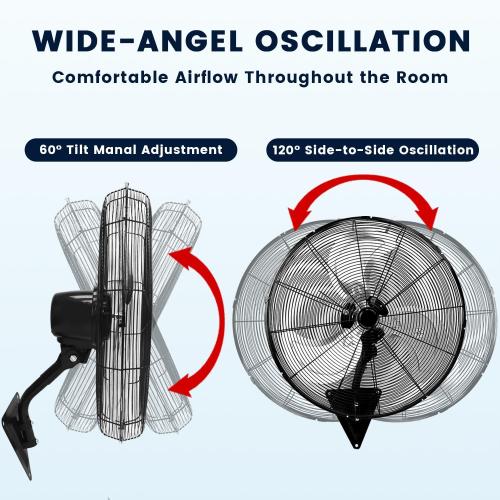 Yellow blade 24 Inch Wall Mount Fan, Heavy Duty Oscillating Wall-Mounted Fan with 8500 CFM, High Velocity 3 Speed Fans Indoor with Adjustable Tilting for Workshop, Garage, Patios, Commercial and Industrial