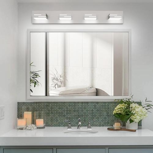 LED Modern Bathroom Vanity Light Fixtures, Dimmable Brushed Nickel Vanity Lights for Bathroom Lighting Fixtures Over Mirror, with 360° Rotatable Acrylic Heads 4-Light 28-inch (Cool White 6000K)