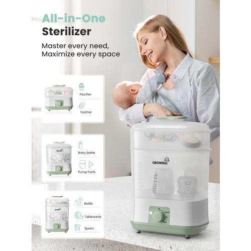Grownsy Adjustable 4 in 1 Large Bottle Sterilizer and Dryer, 8 Bottles Capacity,Electric Steam Baby Bottle Sterilizer, Sanitizer for Baby Bottles & Pacifiers, Breast Pump Parts Green
