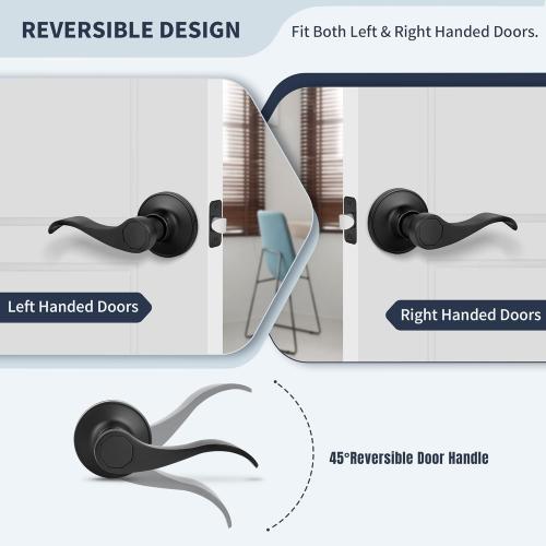 Wave Style Door Lever Passage Door Handle, Keyless Interior Lever Reversible for Left/Right Handed for Hallway and Closet with Matte Black Finish, 1 Pack