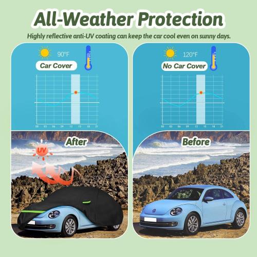 Car Covers for 1998-2025 Volkswagen New Beetle 2 Door, Waterproof All Weather Beetle Full Car Cover 210T Custom-fit Outdoor Windproof Cover with Door Zipper Up to 170”L(Black)