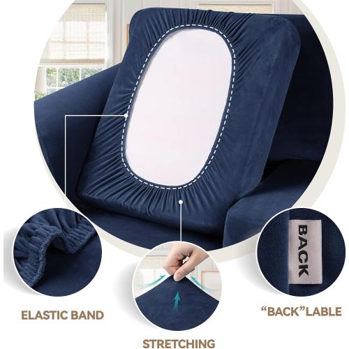 Size Large Color Blue  9 Pieces Velvet High Stretch Couch Covers for 3 Cushion Couch Sofa Slipcovers, Washable Furniture Protector with Non Slip Elastic Bottom, Feature Soft and Thick Plush Fabric, Navy Blue, Large
