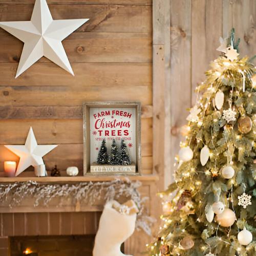 Christmas Decorations for Home Farmhouse LED Lighted Farm Fresh Christmas Tree Decor with Timer Wooden Table Winter Sign Winter Vintage Holiday Block Vintage Holiday Block Xmas Party Decor
