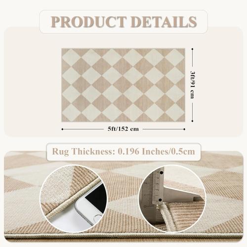Beeiva Checkered Print 3x5 Washable Area Rug for Bedroom, Non Slip Ultra Thin Beige Entryway Rug Non Shedding Kitchen Rug 3x5, Modern Checkerboard Carpet Plaid Decor for Bathroom Office Nursery