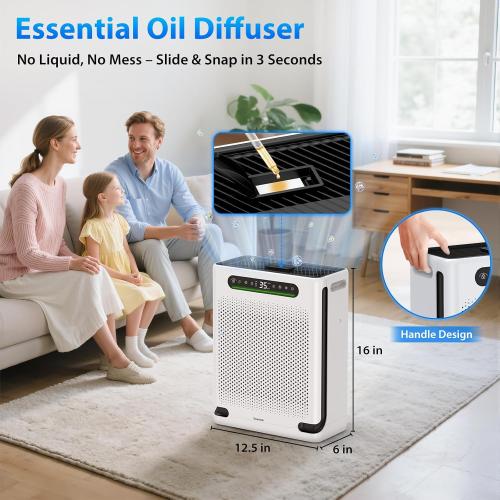 White Air Purifiers for Home Large Room Up to 2600 Ft², HEPA Air Purifier with Washable Filter & Air Quality Display, Powerful Turbo Mode Air Cleaner for Pet Hair Odors Smoke Dust
