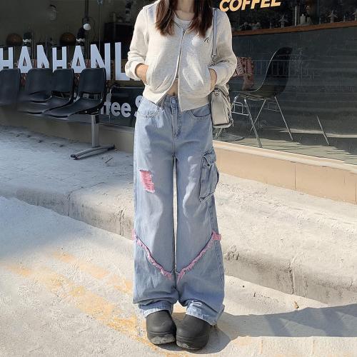 Grunge Y2K Goth Vintage Casual High Rise Loose Straight Wide Leg Pink Ripped Frayed Raw Trim Cargo Jean Pants large