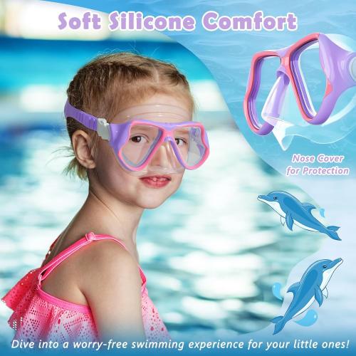 Freela Kids Swim Goggles Mask Tempered Glass Lens 180° View with Nose Cover