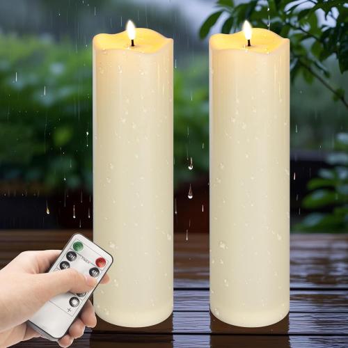 2pack 4*14 Large Outdoors Flameless Candles Battery Operated with Remote & Timer, Waterproof Plastic LED Flickering Pillar Candles for Home Decoration, Weddings, Ivory
