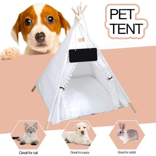 Pet Teepee, Portable Pet Tents for Small Dogs or Cats, Puppy Sweet Bed Washable Dog or Cat Houses with Cushion(White,24in)