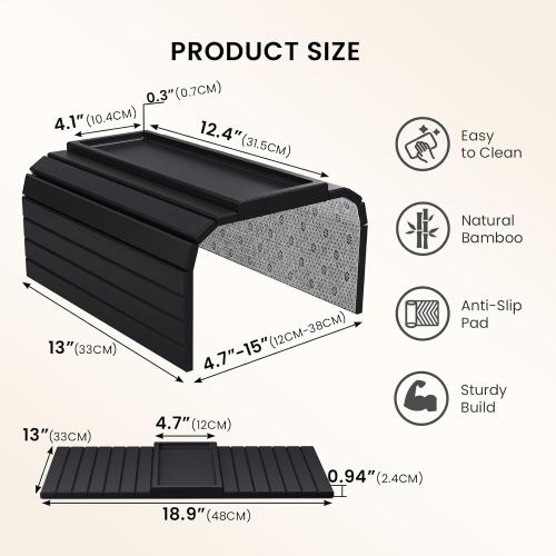 Sofa Arm Tray,Bamboo Folding Couch Arm Tray,Sofa Armrest Trays with Anti-Slip Pad for Drinks,Snacks,Phone,Remote Control（Black）