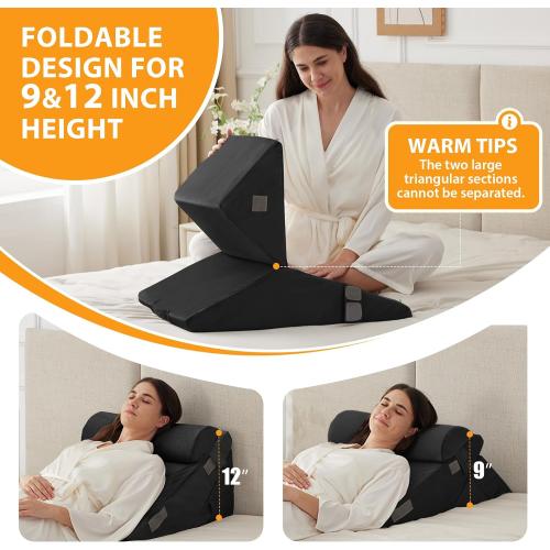 3PCS Soze 9&12 Color Black Wedge Pillow Set for After Surgery, Adjustable 9&12 Inch Bed Wedge Pillow for Sleeping, Incline Pillow Wedge for Headboard, Post Surgery, Acid Reflux, Neck&Back Support, Black