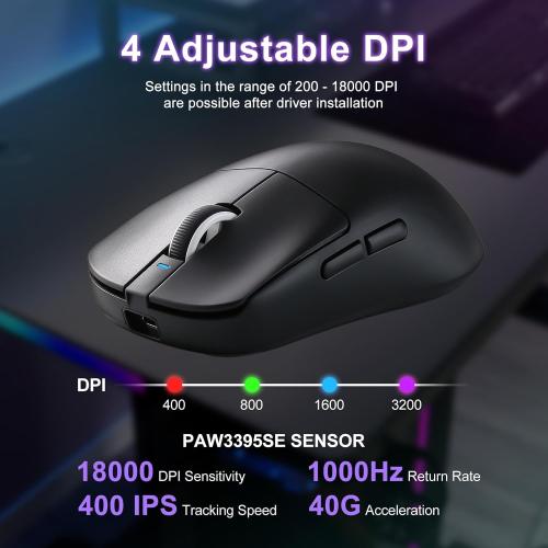 R1 SE  Gaming Mouse, 18000 DPI, High-Precision PAW3395 SE Sensor,55g Lightweight, Tri-Mode 2.4G/BT5.0/USB-C Wireless Mouse, Programmable Ergonomic Mouse Suitable for Laptops/PC/Mac (Black)
