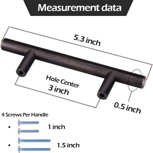 20 Pack Bronze Solid Cabinet Handles Drawer Pulls, 5.38-inch/136mm Length (3-inch Hole Center) Door Handle (1/2-inch Diameter) Kitchen Stainless Steel Cabinet Hardware Handle, Oil-Rubbed Bronze