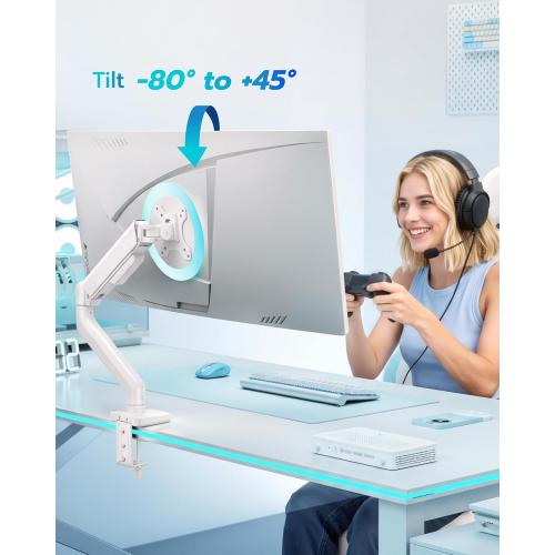 ARES WING Heavy Duty Single Monitor Arm - Fully Adjustable Monitor Mount for 17-40 Ultrawide Screens up to 26.4 lbs with Clamp/Grommet Desk Mount, 75/100 Vesa Mount, White