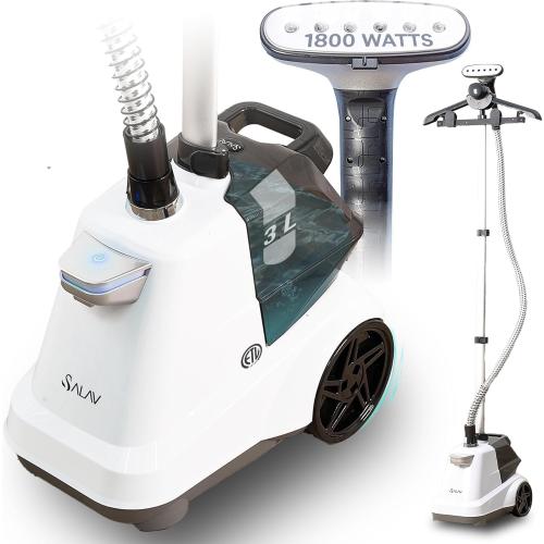 SALAV® Heavy Duty Commercial Full-Size Garment Steamer with Foot Pedals and Extra Large 3L (101.5 oz) Water Tank, 1800 watts, 90 min of Continuous Steam (White) (Renewed)